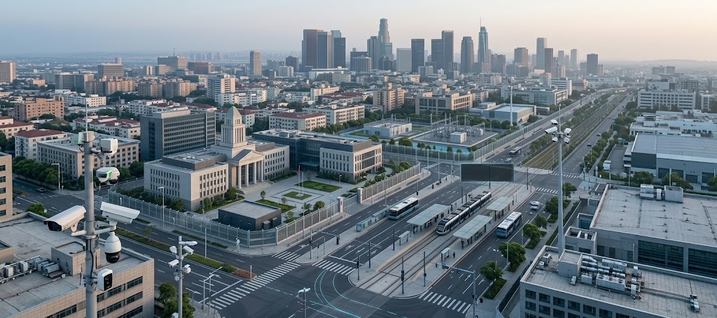 Aerial view of a secured critical infrastructure facility with its perimeter fence
