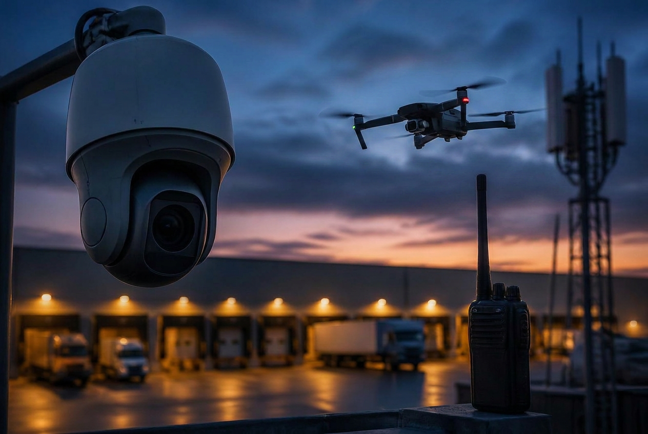 PTZ security camera turning toward warehouse loading bays at dusk, with a radio handset and antenna mast nearby
