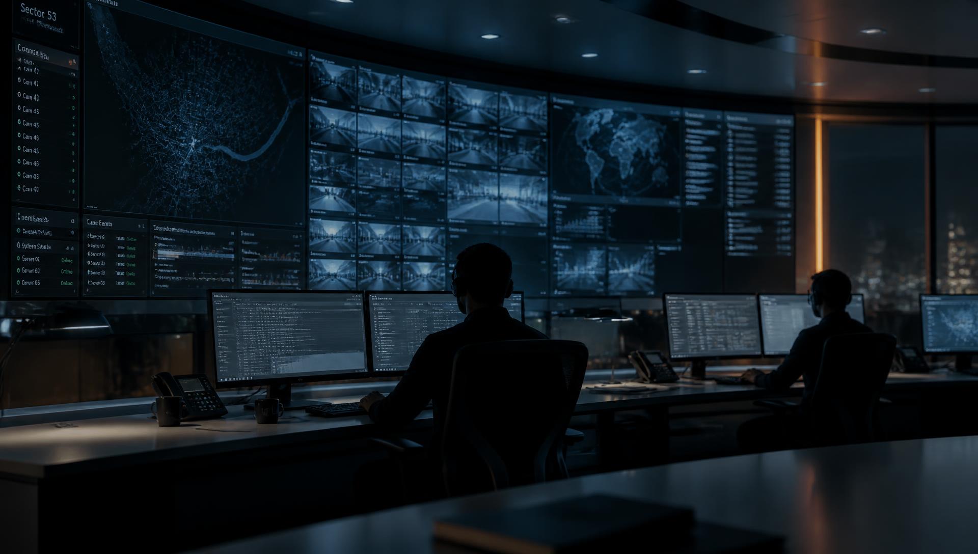 Security operations centre with a wall of live camera and map feeds