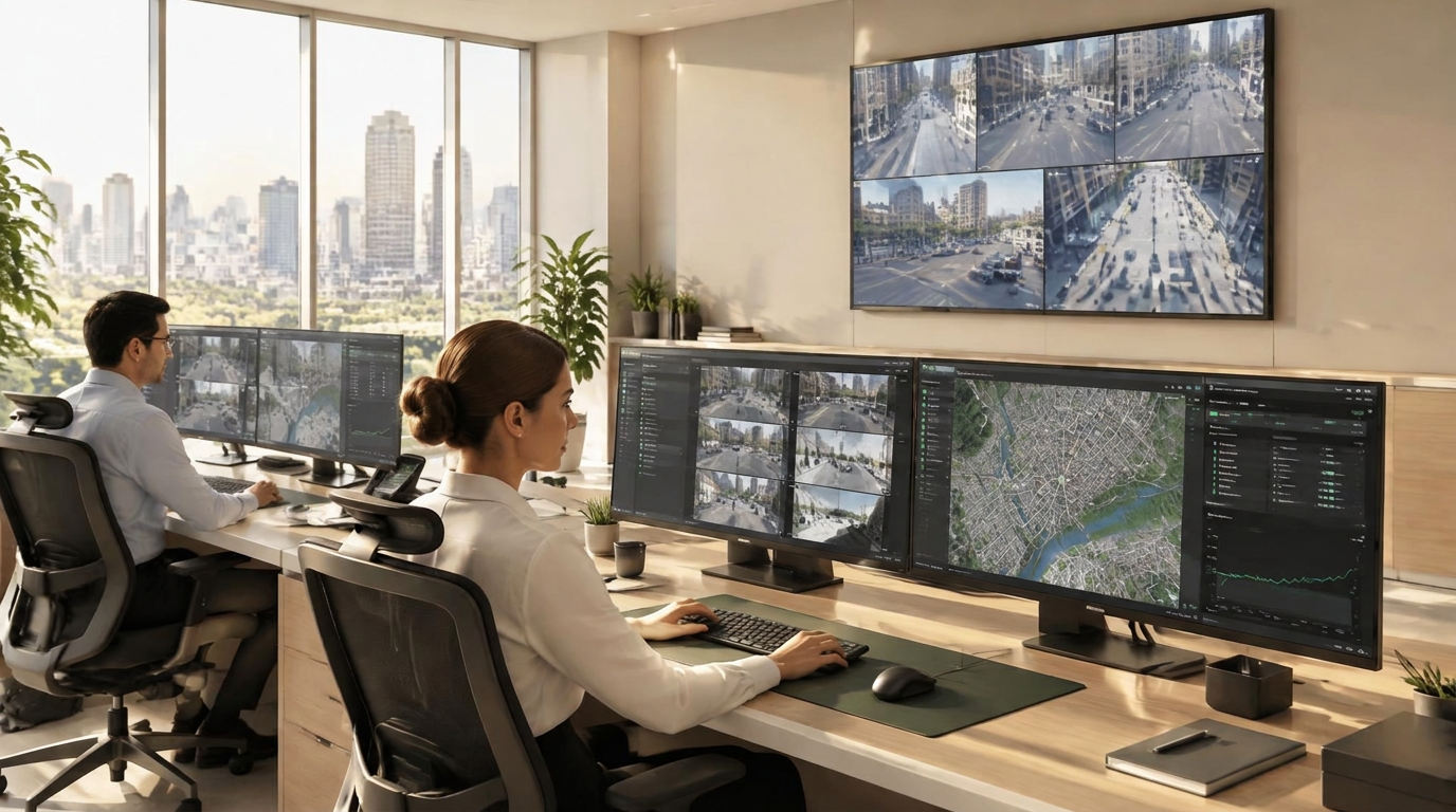 Bright security operations centre with operators at workstations and a video wall of live city camera feeds