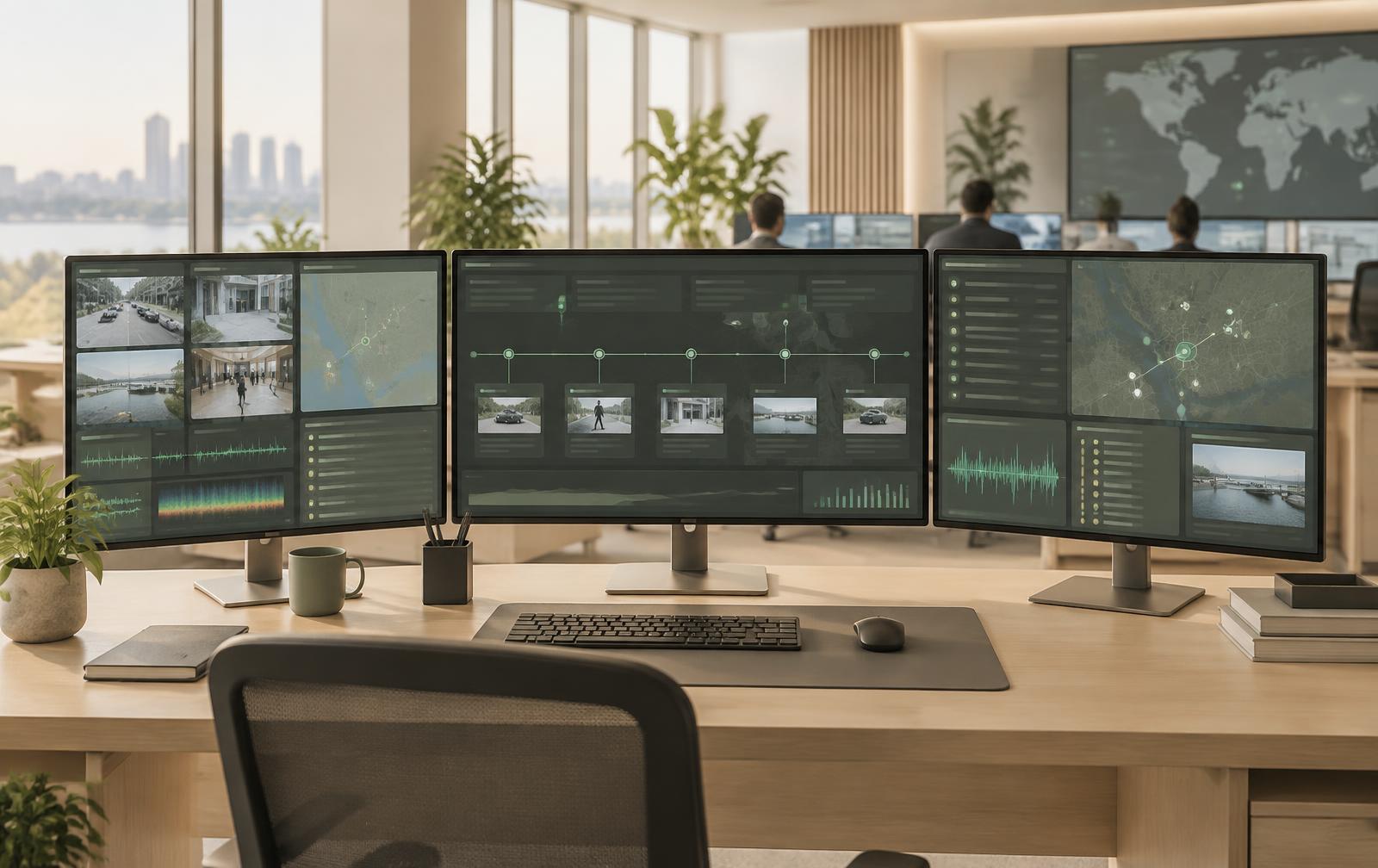 Security operations workstation with three monitors correlating feeds into a single tracked incident timeline